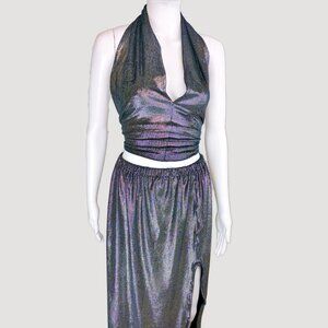Oookies Wear Iridescent Metallic Silver 2 Piece Set Halter Top/ Maxi Skirt